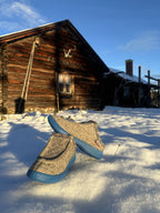 Nesnakloggen i grå ullfilt i snøen ved et tømmerhus