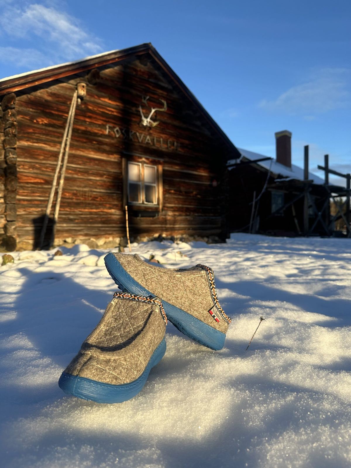 Nesnakloggen i grå ullfilt i snøen ved et tømmerhus